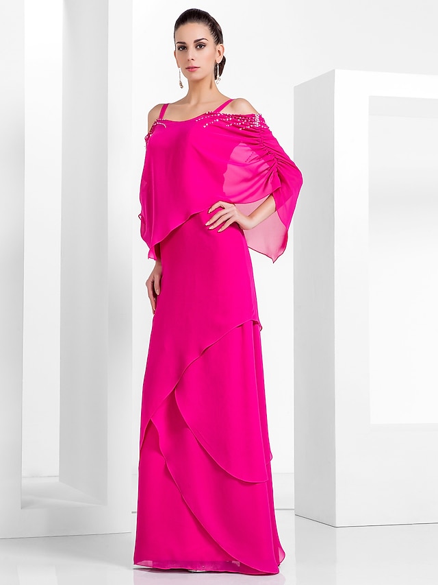  Sheath / Column Elegant Wedding Guest Formal Evening Dress Spaghetti Strap Sleeveless Floor Length Chiffon with Beading Tier 2021
