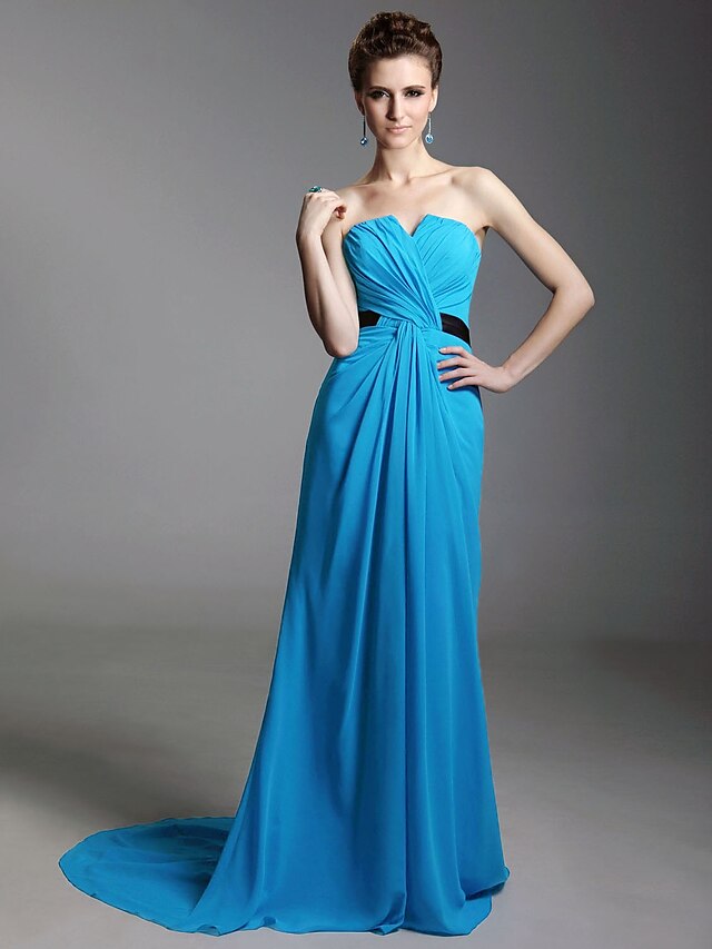  Sheath / Column Celebrity Style Dress Formal Evening Sweep / Brush Train Sleeveless Strapless Chiffon with Sash / Ribbon Criss Cross 2024