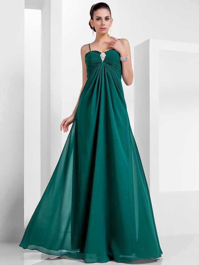  שמלת ערב רשמית של אימפריה אימפריה רצועת ספגטי ללא שרוולים שיפון באורך רצפה עם קריסטלים 2021