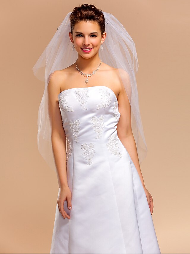  Wedding Veil Three-tier Elbow Veils Cut Edge 35.43 in (90cm) Tulle A-line, Ball Gown, Princess, Sheath/ Column, Trumpet/ Mermaid