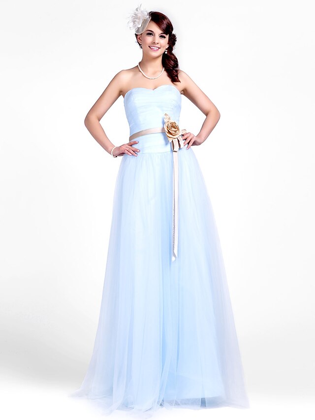  Princess / A-Line Strapless / Sweetheart Neckline Floor Length Tulle Bridesmaid Dress with Sash / Ribbon / Ruched / Draping