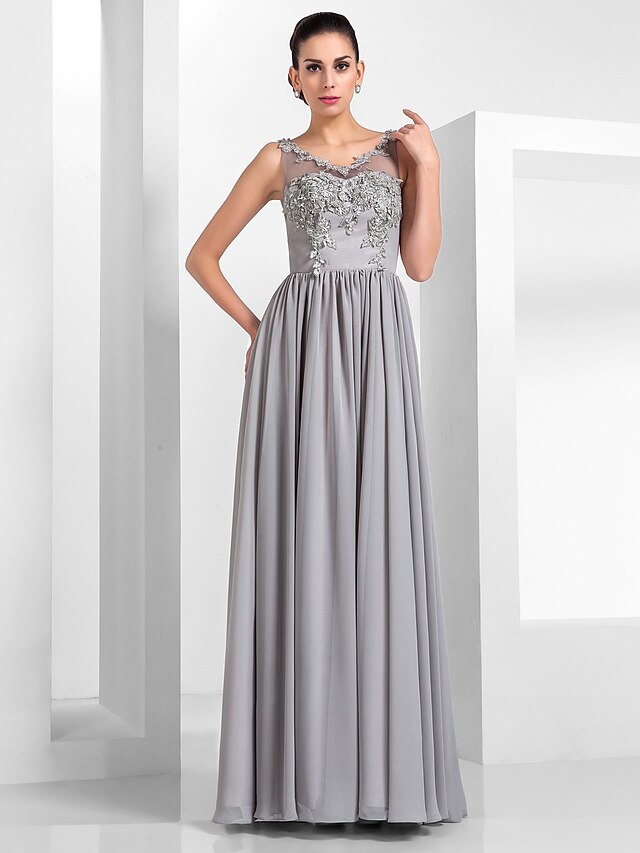  A-Line Elegant Formal Evening Dress Illusion Neck Sleeveless Floor Length Chiffon Tulle with Appliques 2021