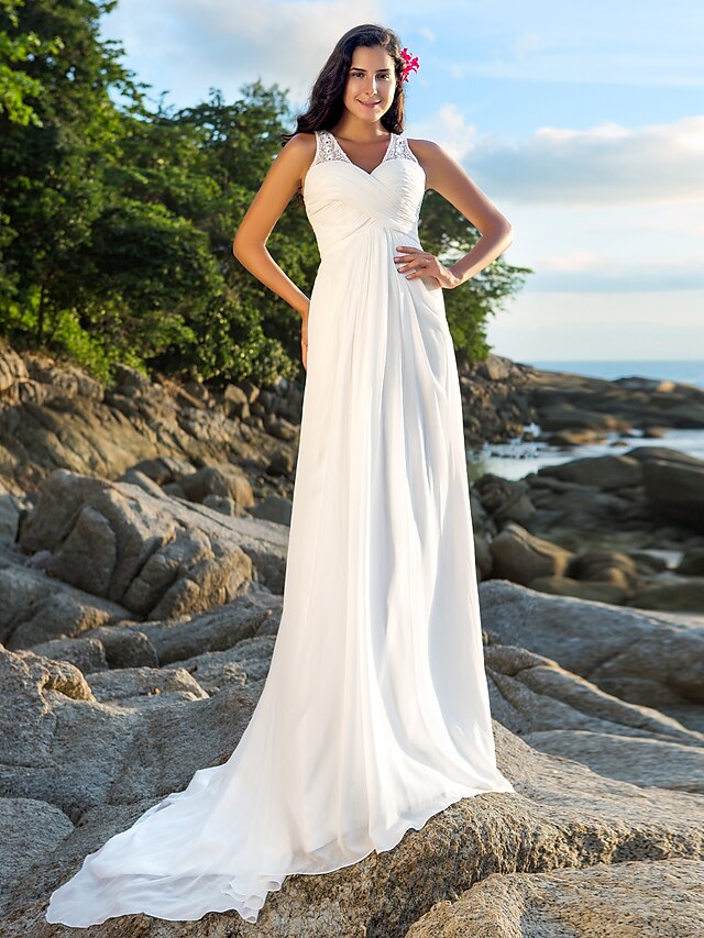  Beach Boho Wedding Dresses A-Line V Neck Regular Straps Court Train Chiffon Bridal Gowns With Beading Sequin 2024