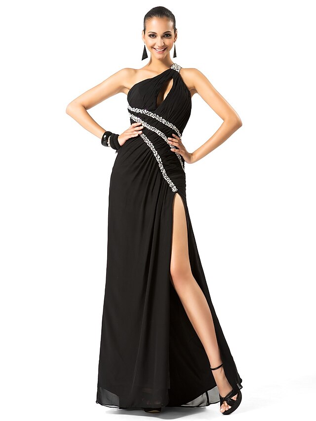  Sheath / Column One Shoulder Floor Length Chiffon Dress with Beading / Split Front by TS Couture®