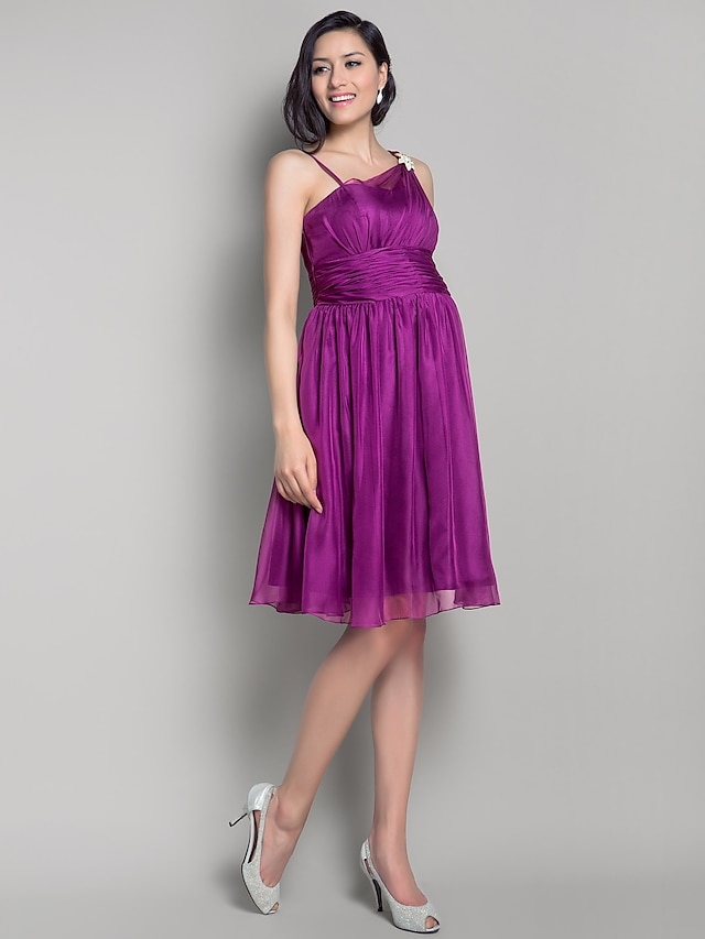  A-Line / Princess Straps Knee Length Chiffon Bridesmaid Dress with Bow(s) / Draping / Side Draping by LAN TING BRIDE®
