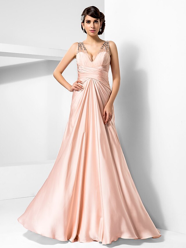  Sheath / Column V Neck Floor Length Satin Chiffon Dress with Beading / Criss Cross by TS Couture®