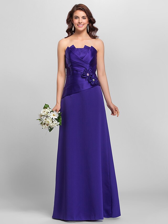  A-Line / Princess Strapless / Spaghetti Strap Floor Length Satin Bridesmaid Dress with Beading / Side Draping / Criss Cross by LAN TING