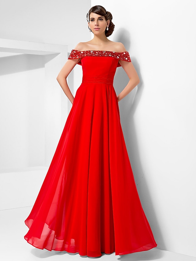  Ball Gown Open Back Dress Formal Evening Military Ball Floor Length Short Sleeve Off Shoulder Chiffon with Beading Draping 2023