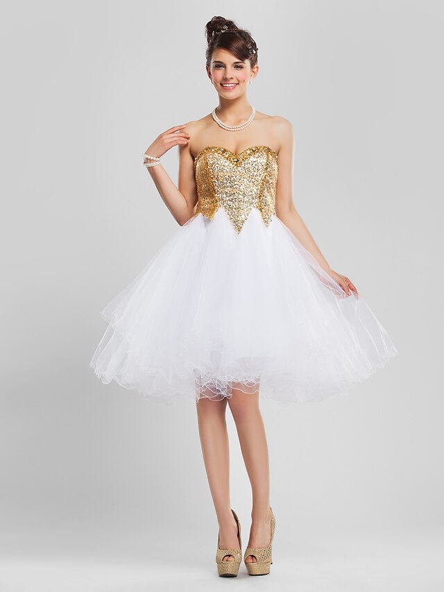  A-Line Sparkle & Shine Dress Homecoming Cocktail Party Knee Length Sleeveless Sweetheart Tulle with Beading Sequin Ruffles 2023