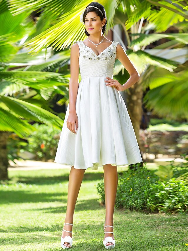  A-Line Wedding Dresses V Neck Knee Length Taffeta Regular Straps Little White Dress with Beading Criss-Cross 2020