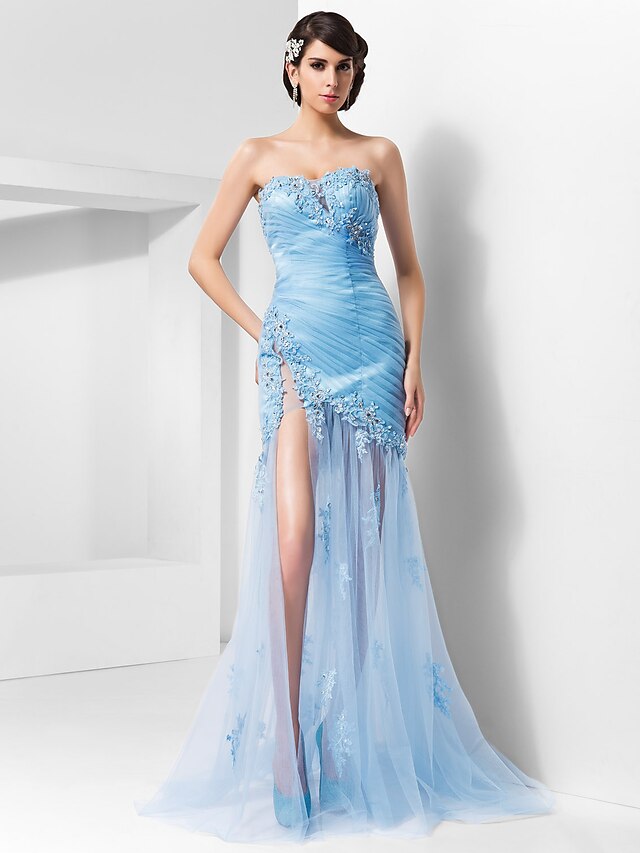  Sheath / Column Open Back Dress Holiday Cocktail Party Sweep / Brush Train Sleeveless Sweetheart Tulle with Beading Split Front 2023