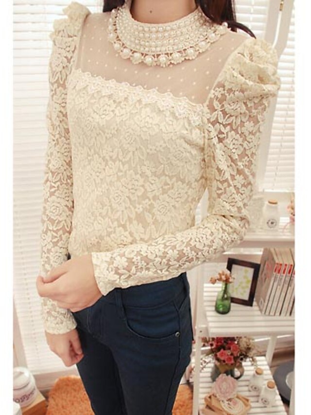  Women's Beaded Collar Lace Embroidery Puff Sleeve Blouse