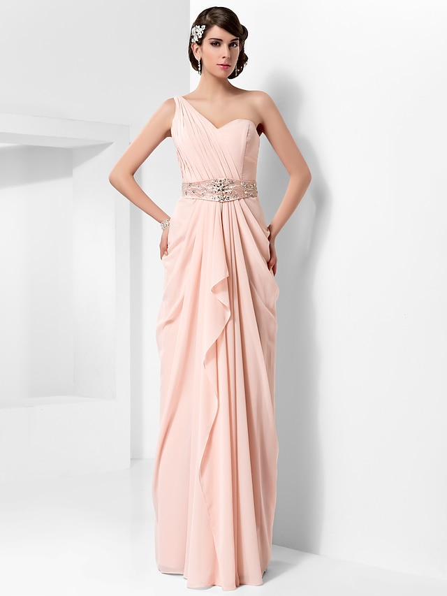  Sheath / Column Open Back Dress Prom Formal Evening Floor Length Sleeveless One Shoulder Chiffon with Beading Draping 2023