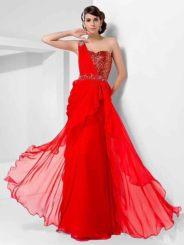  Sheath / Column Sparkle & Shine Dress Prom Formal Evening Floor Length Sleeveless One Shoulder Chiffon with Beading Draping 2023