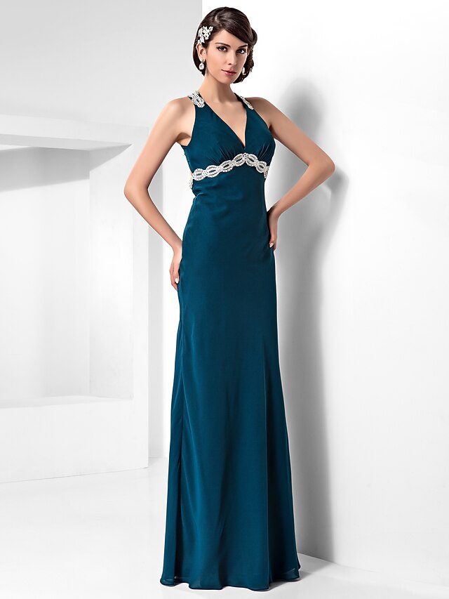  Sheath / Column Beautiful Back Dress Formal Evening Military Ball Floor Length Sleeveless Halter Neck Chiffon with Beading Draping Appliques 2023