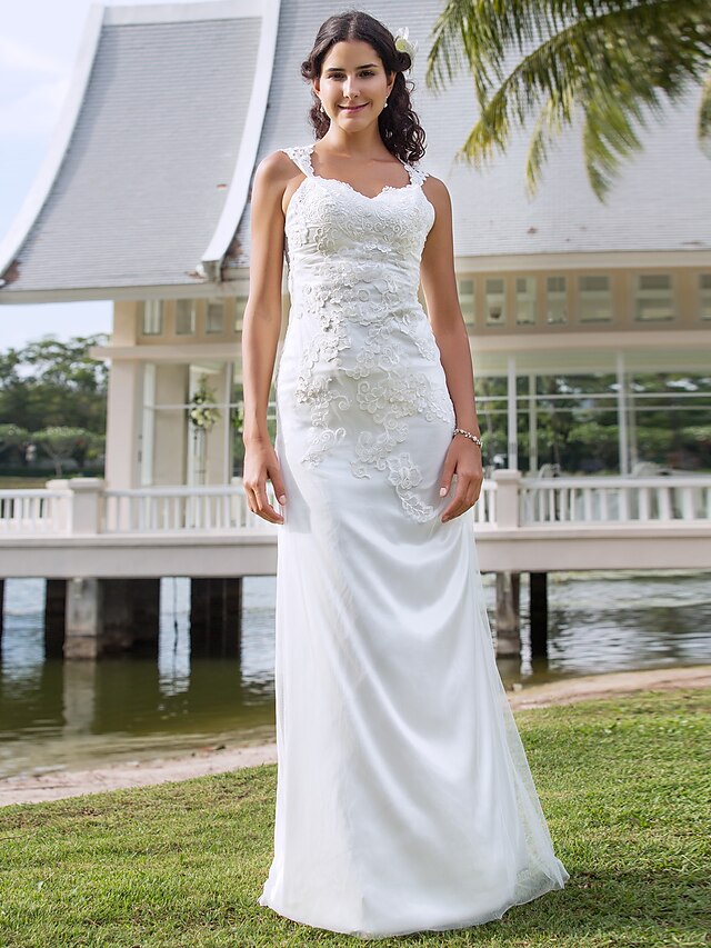  Wedding Dresses Sheath / Column V Neck Sleeveless Floor Length Lace Bridal Gowns With Appliques 2024
