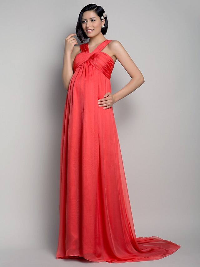  A-Line Straps Sweep / Brush Train Chiffon Formal Evening Dress with Draping Criss Cross by TS Couture®