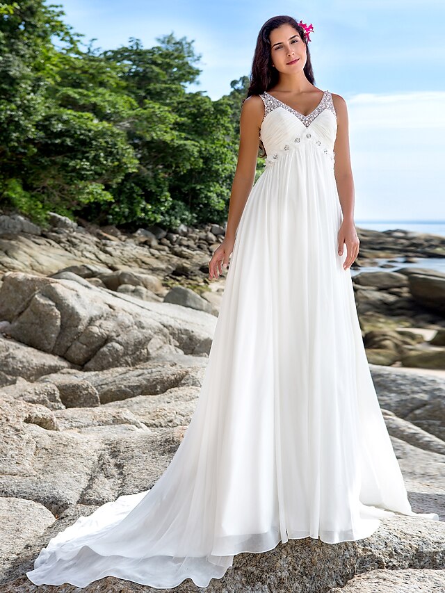  A-Line Wedding Dresses V Neck Chapel Train Chiffon Regular Straps See-Through with Beading Sequin 2022