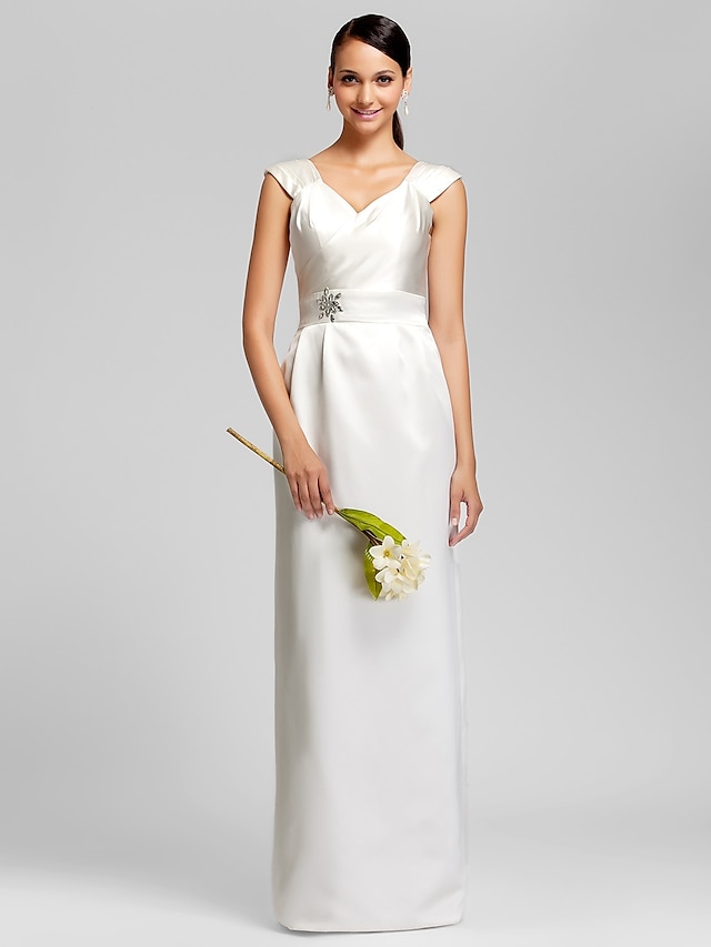  Sheath / Column Bridesmaid Dress V Neck Sleeveless Elegant Floor Length Satin with Sash / Ribbon / Beading 2022
