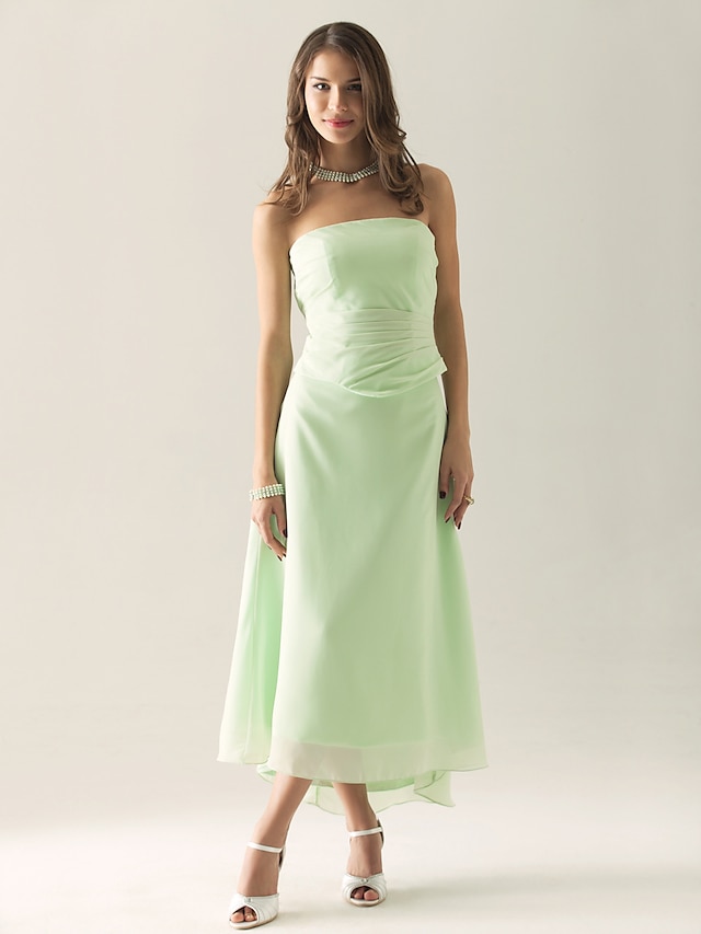  Sheath / Column Bridesmaid Dress Strapless Sleeveless Elegant Asymmetrical / Tea Length Chiffon with Ruched / Ruffles 2022