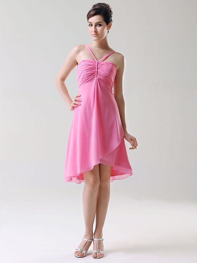  A-Line / Ball Gown Spaghetti Strap Knee Length Chiffon Bridesmaid Dress with Ruched by LAN TING BRIDE®
