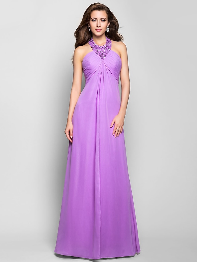  A-Line Minimalist Dress Prom Formal Evening Floor Length Sleeveless Halter Neck Chiffon with Criss Cross Ruched Beading 2023