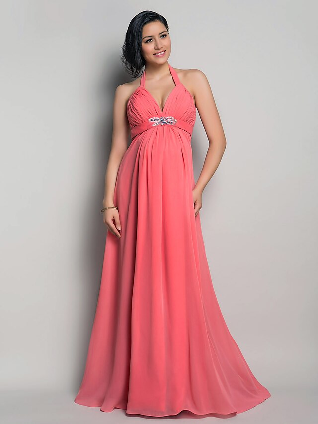  Sheath / Column Halter Neck Floor Length Chiffon Bridesmaid Dress with Beading / Draping / Criss Cross by TS Couture® / Open Back