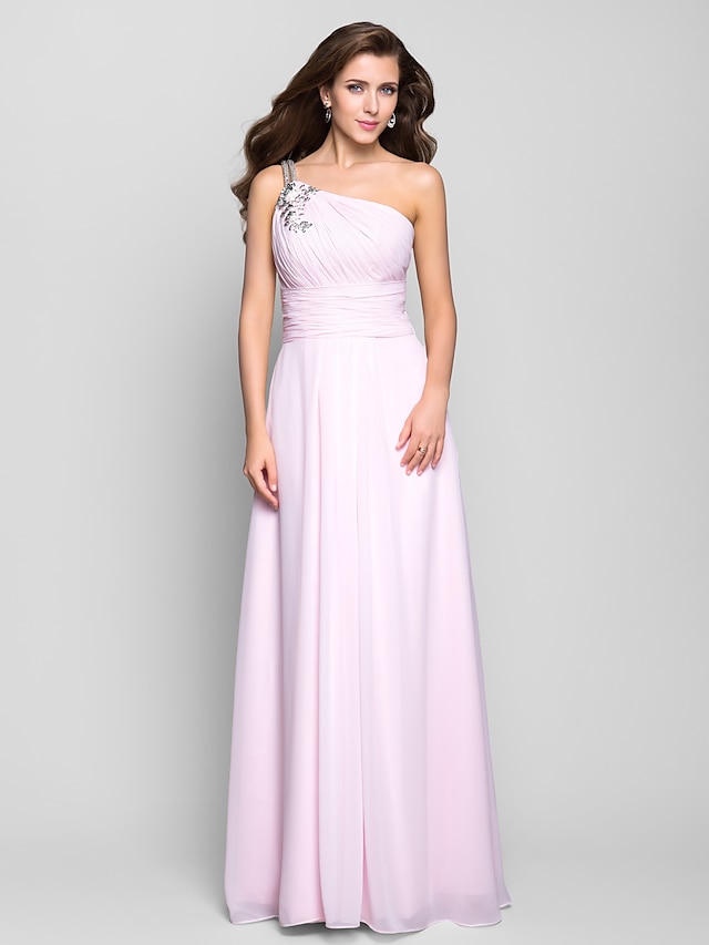  A-Line Open Back Dress Prom Formal Evening Floor Length Sleeveless One Shoulder Chiffon with Beading Draping Side Draping 2023