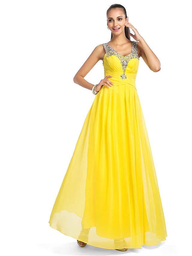  Ball Gown Elegant Prom Formal Evening Dress V Neck Sleeveless Floor Length Chiffon Tulle with Criss Cross Sequin Draping 2021