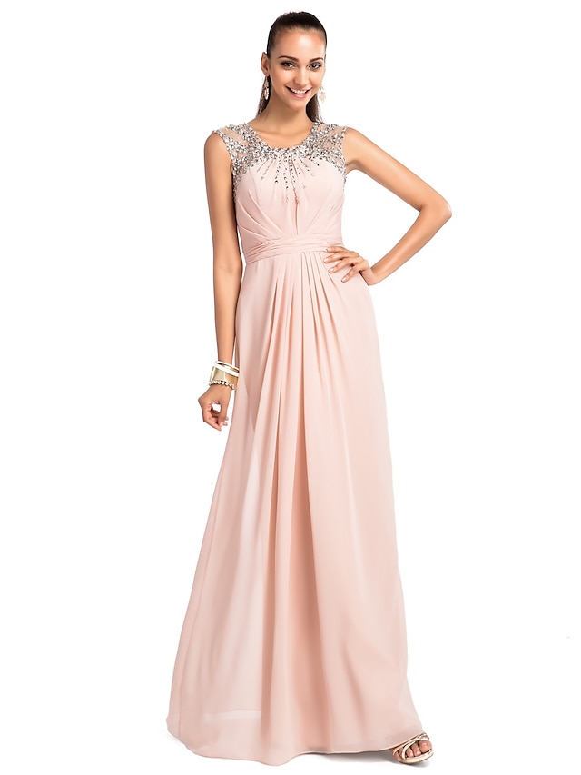  Sheath / Column Jewel Neck Floor Length Chiffon Dress with Beading / Ruched by TS Couture®