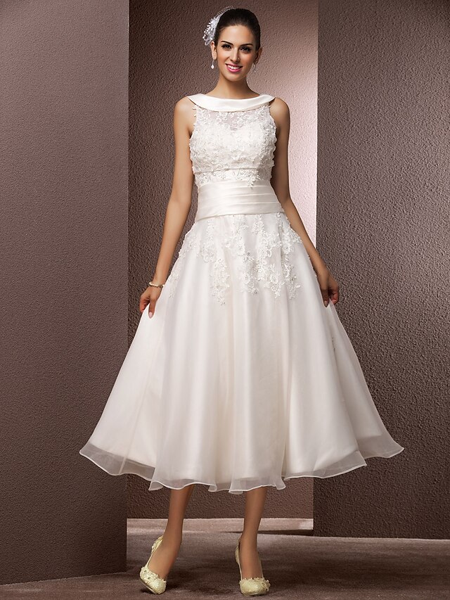  Hall Wedding Dresses Tea Length A-Line Regular Straps Bateau Neck Organza With Pearl Beading 2023 Summer Bridal Gowns