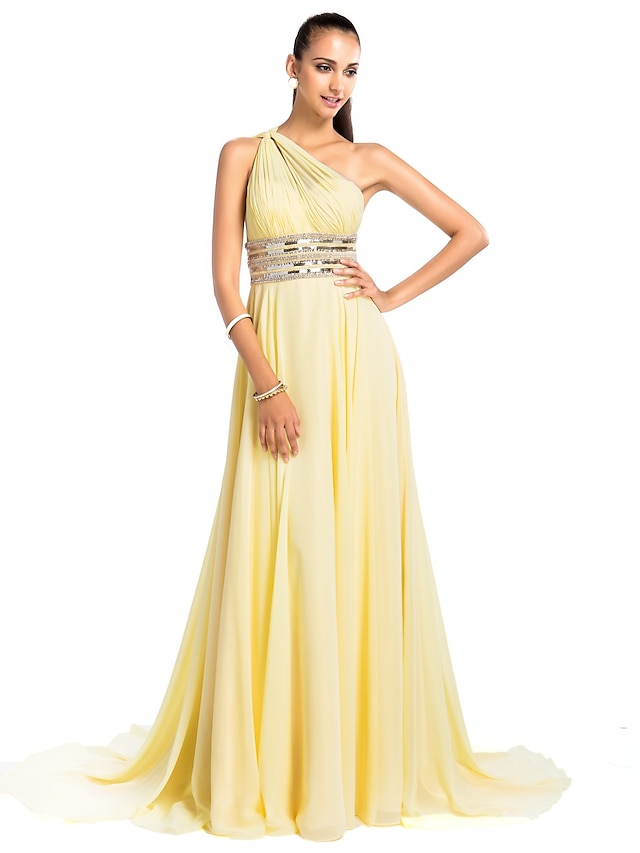  Sheath / Column Open Back Dress Prom Formal Evening Court Train Sleeveless One Shoulder Chiffon with Beading Draping Side Draping 2024