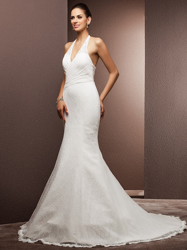 Mermaid / Trumpet Wedding Dresses Halter Neck Court Train Lace Sleeveless Open Back with Beading Appliques Criss-Cross 2021