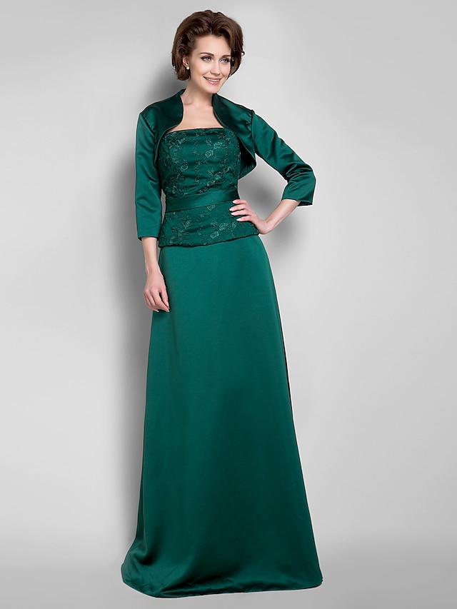  a-line mor til brudens kjole omslag inkluderet stropløs gulvlængde blonder satin 3/4 længde ærme med blonder 2023
