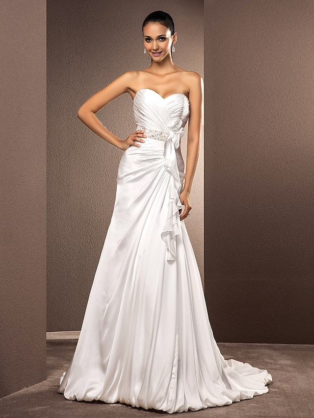  Open Back Wedding Dresses A-Line Sweetheart Strapless Court Train Satin Chiffon Bridal Gowns With Sash / Ribbon Criss-Cross 2024