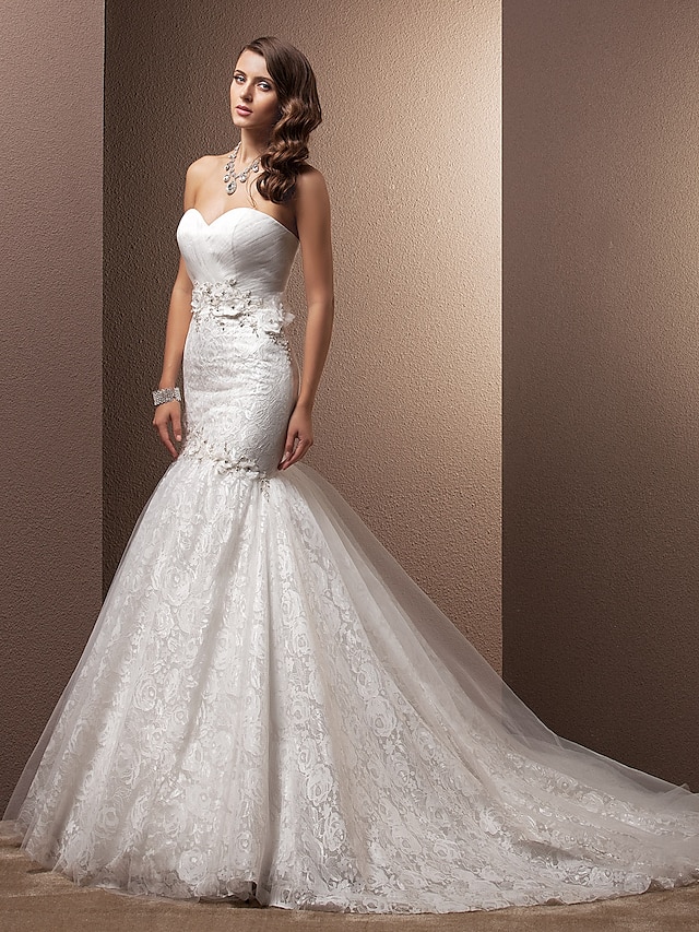  Wedding Dresses Mermaid / Trumpet Sweetheart Strapless Chapel Train Organza Bridal Gowns With Beading Appliques 2024