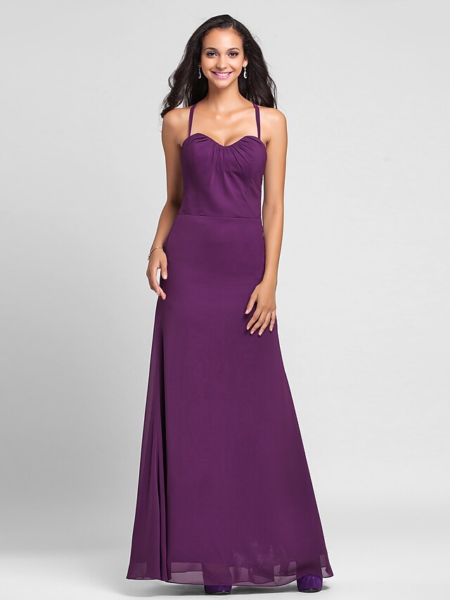  Sheath / Column Bridesmaid Dress Halter Neck Sleeveless Elegant Floor Length Chiffon with Side Draping 2022