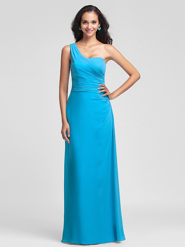  Sheath / Column One Shoulder Floor Length Chiffon Bridesmaid Dress with Side Draping by LAN TING BRIDE®