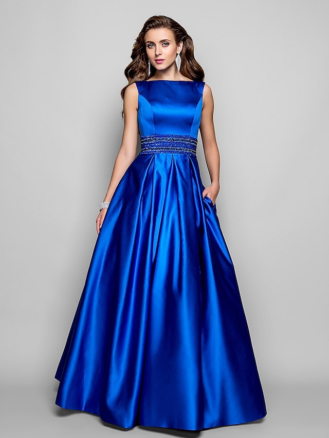  A-Line Elegant Prom Formal Evening Dress Boat Neck Sleeveless Floor Length Satin with Pleats Beading 2022