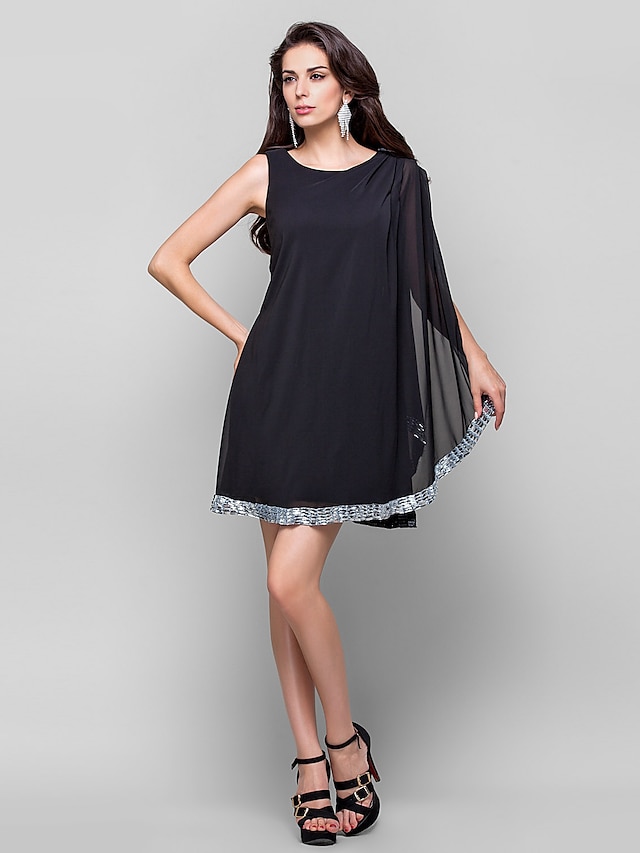  Sheath / Column Little Black Dress Cocktail Party Dress Jewel Neck Sleeveless Short / Mini Chiffon with Crystals Draping 2020