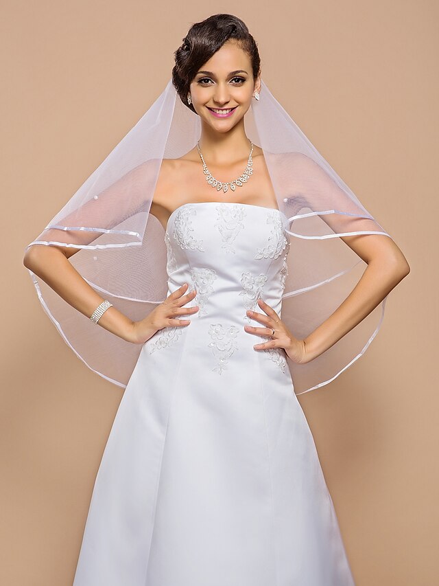 One-tier Ribbon Edge Wedding Veil Elbow Veils 53 Pearls 55.12 in (140cm) Tulle A-line, Ball Gown, Princess, Sheath/ Column, Trumpet/