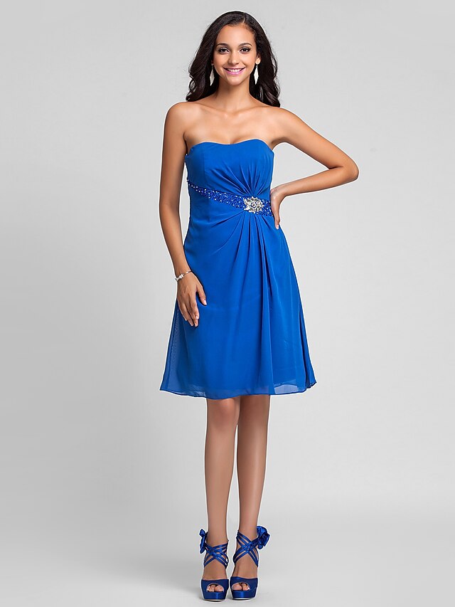  A-Line / Princess Strapless Knee Length Chiffon Bridesmaid Dress with Beading / Crystals / Side Draping by LAN TING BRIDE®
