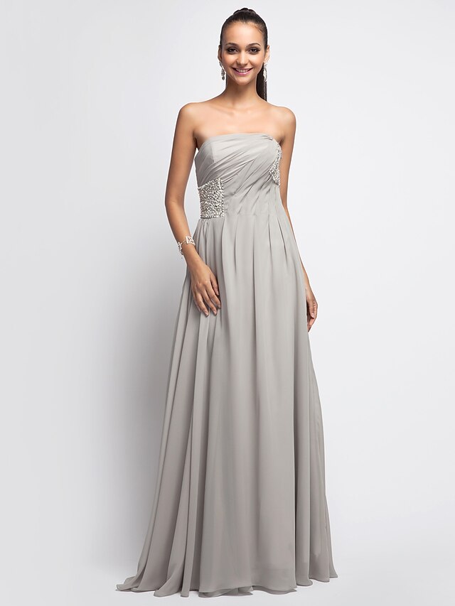 Ball Gown Open Back Prom Formal Evening Military Ball Dress Strapless Sleeveless Floor Length Chiffon with Ruched Crystals Draping 2020