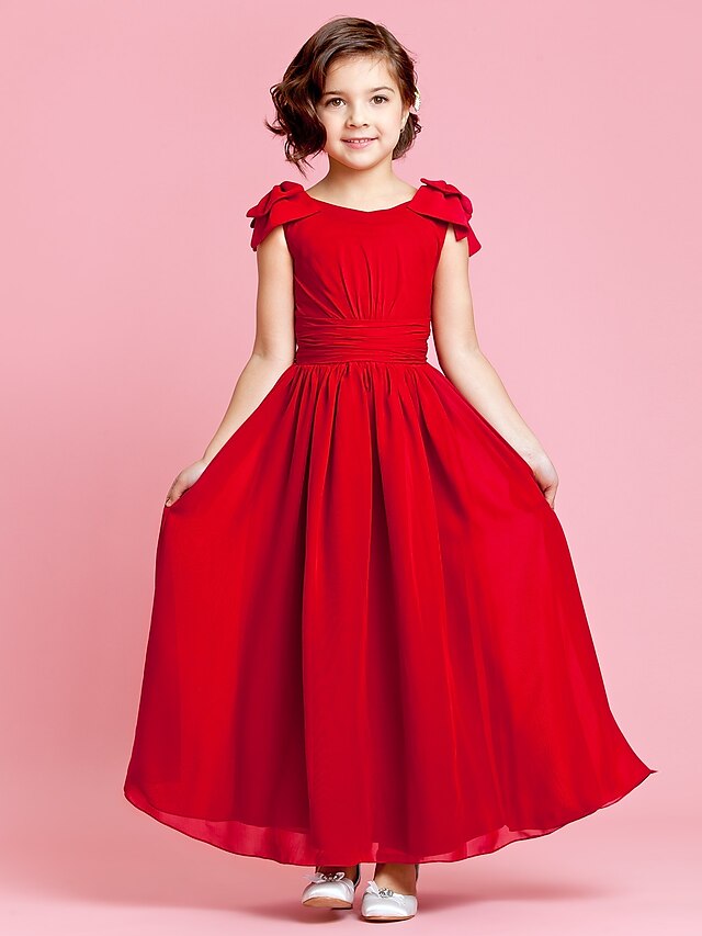  Princess Ankle Length Flower Girl Dress Pageant & Performance Cute Prom Dress Chiffon with Bow(s) Fit 3-16 Years