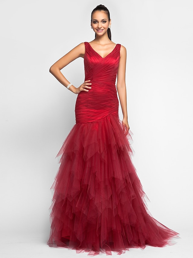  Mermaid / Trumpet Elegant Dress Holiday Cocktail Party Sweep / Brush Train Sleeveless V Neck Tulle with Criss Cross Ruffles 2023