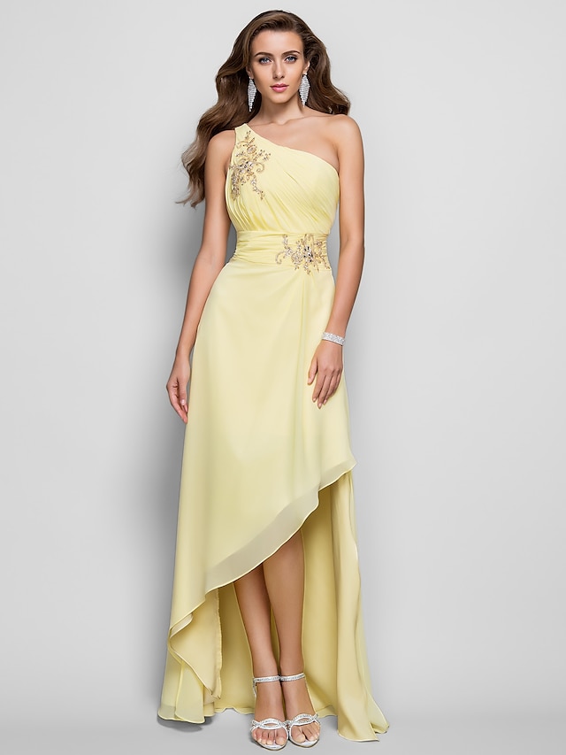  Eng anliegend Elegant Kleid kleid hochzeitsgast Cocktailparty Asymmetrisch Ärmellos Ein-Schulter Kleid der Brautjungfer Chiffon mit Perlenstickerei Schlitz Applikationen 2023
