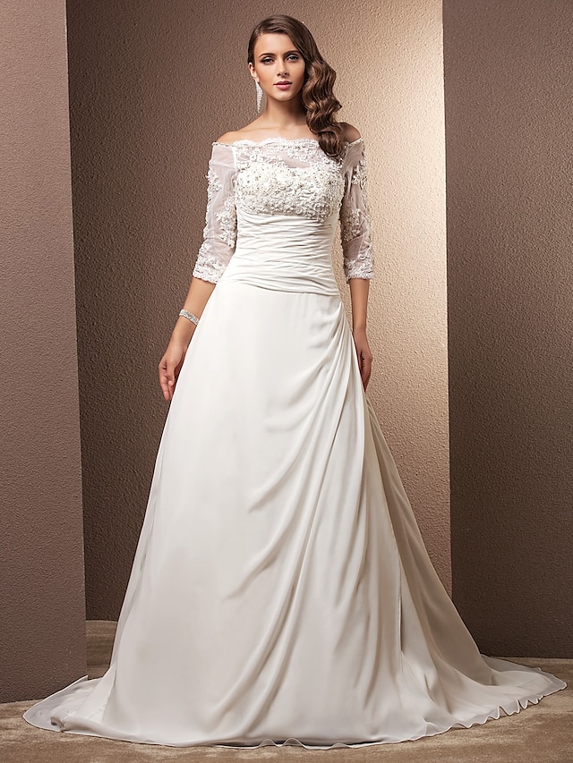  Királyi stílus Esküvői ruhák A-vonalú Aszimmetrikus Háromnegyedes Udvariuszály Sifon Menyasszonyi ruhák Val vel Gyöngy Ráncolt 2024