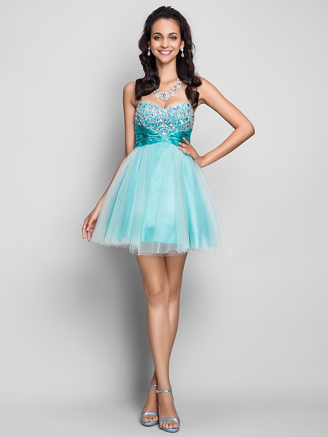  Ball Gown Homecoming Cocktail Party Prom Dress Sweetheart Neckline Strapless Sleeveless Short / Mini Tulle with Criss Cross Ruched Crystals 2021