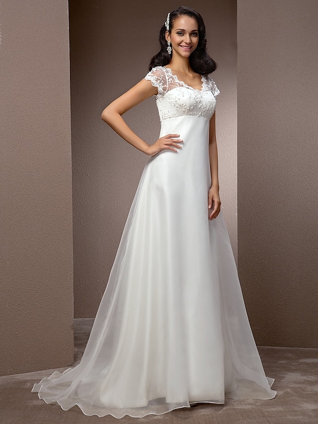  A-Line Wedding Dresses Court Train Short Sleeve V Neck Lace With Beading 2023 Fall Bridal Gowns