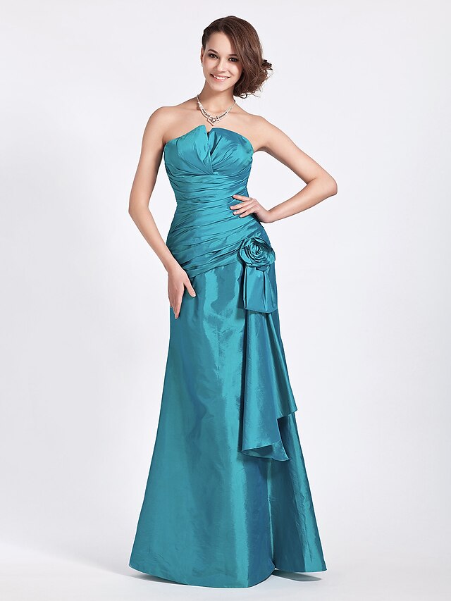  Mermaid / Trumpet Strapless / Notched Floor Length Taffeta Bridesmaid Dress with Side Draping / Ruched / Flower by LAN TING BRIDE®